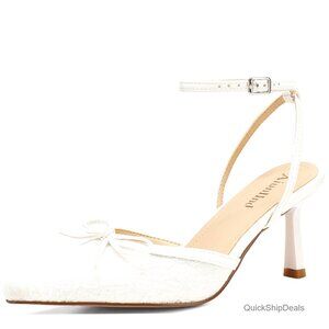 Pointed Toe Kitten Heel Lace Pumps with Ankle Strap Wedding Dress Shoes